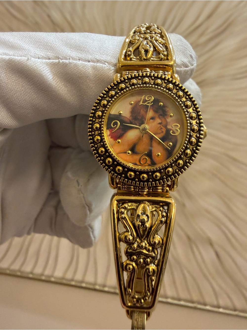 Vintage 1995 SII Seiko Cherub Angel Watch Ornate Filigree Gold Stretch